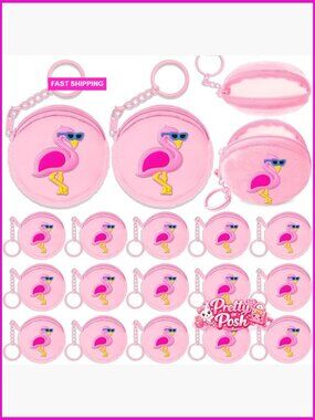 Polyester Flamingo Mini Coin Purses with Keyring, 15 Pack